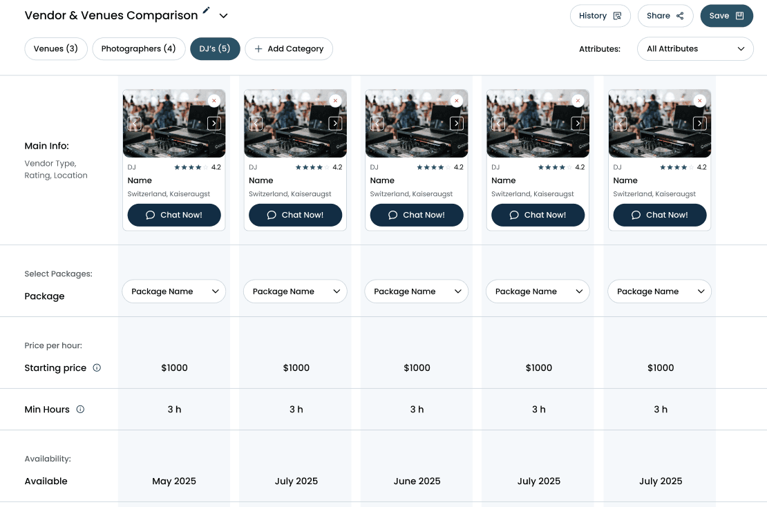 Vendor comparison table screenshot
